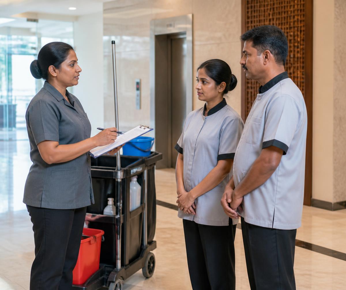 Housekeeping supervisor briefing two uniformed cleaning staff in a building lobby