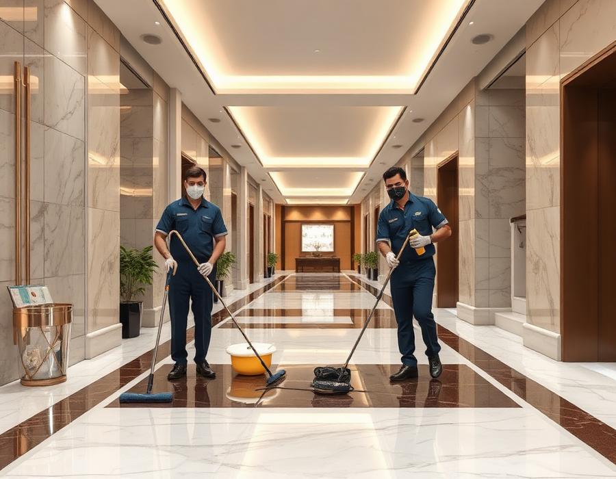 Housekeeping staff mopping the marble lobby of a residential apartment complex
