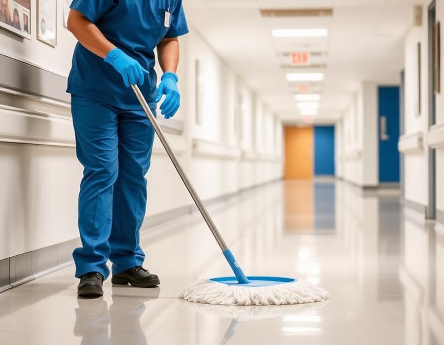 Cleaning staff mopping a bright hospital corridor