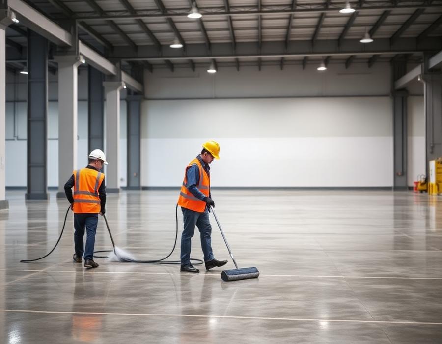 Industrial cleaning crew in safety vests cleaning a warehouse floor