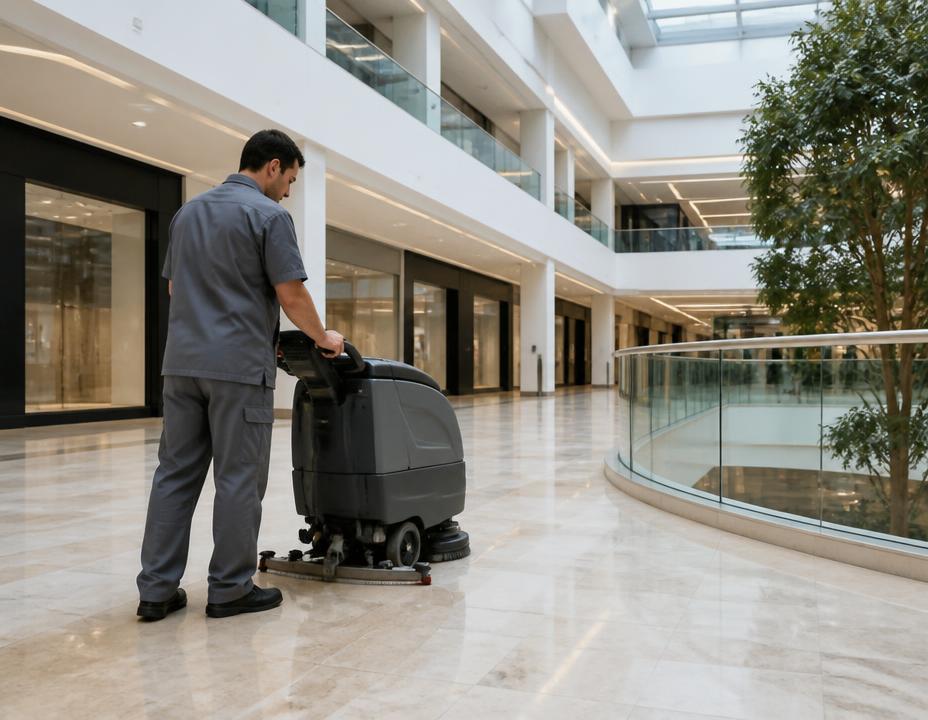 Worker operating a floor scrubbing machine in a shopping mall atrium