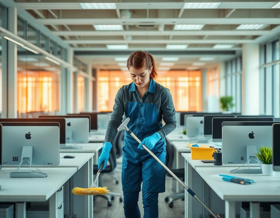 Housekeeping worker cleaning desks in a modern open-plan office