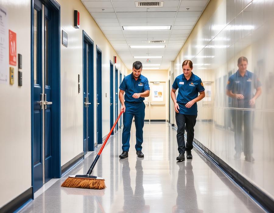 Housekeeping staff sweeping a school corridor